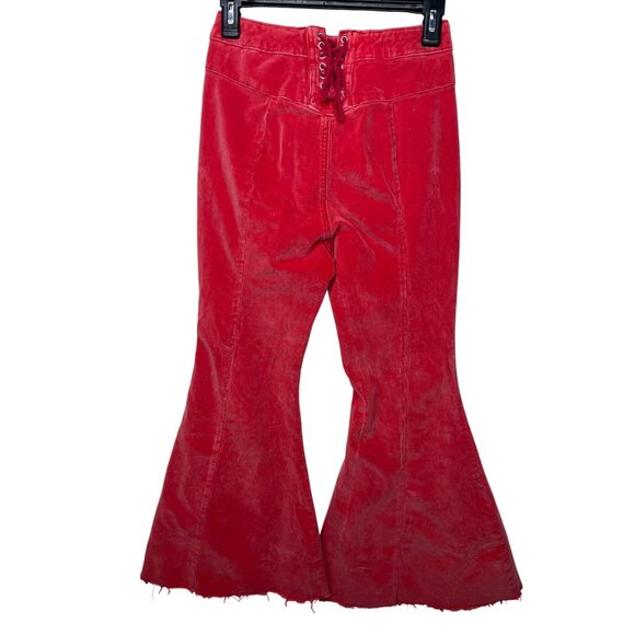 We The Free Twenty-Seven Red Corduroy Wide Flare Pants Lace-Up Back Frayed Hem - Picture 14 of 14